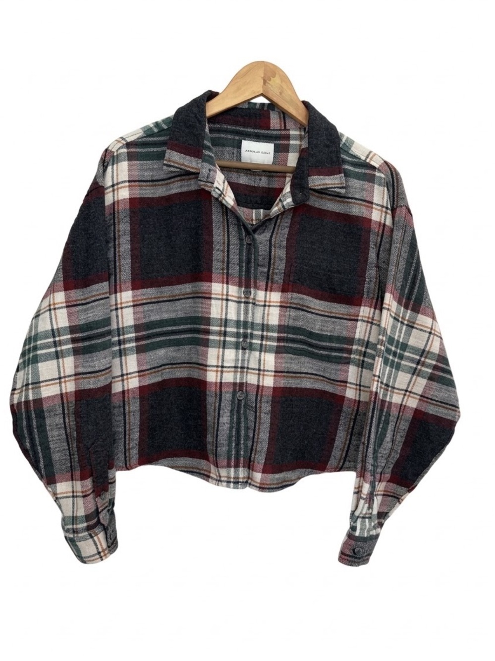 American Eagle Cropped Flannel Button Down Shirt Plaid XL Green, Cream & Red